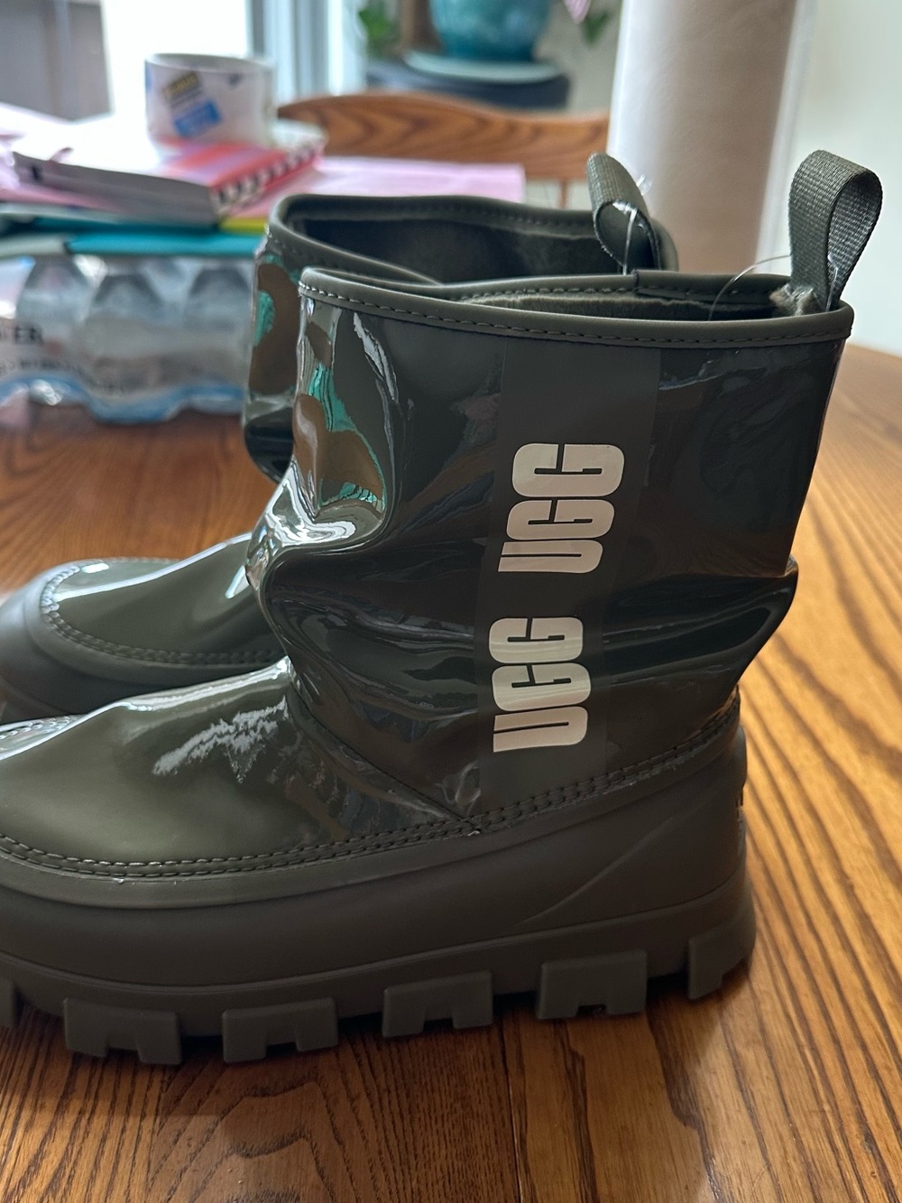 UGG Olive Green Glossy Rain Boot with Lug Sole